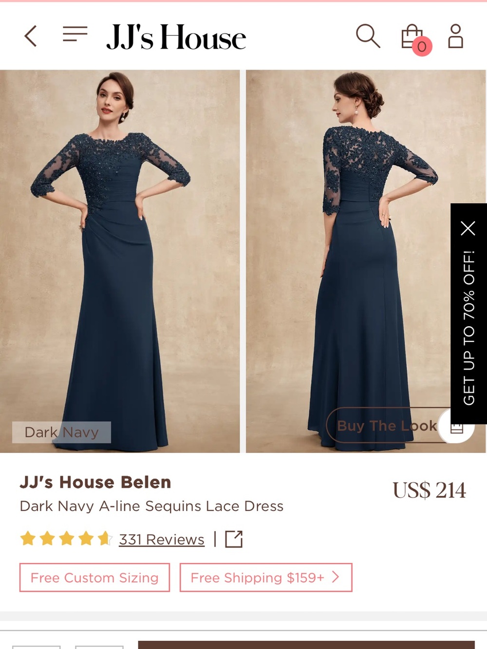 JJ's House Dark Navy A-Line Sequined Lace Gown